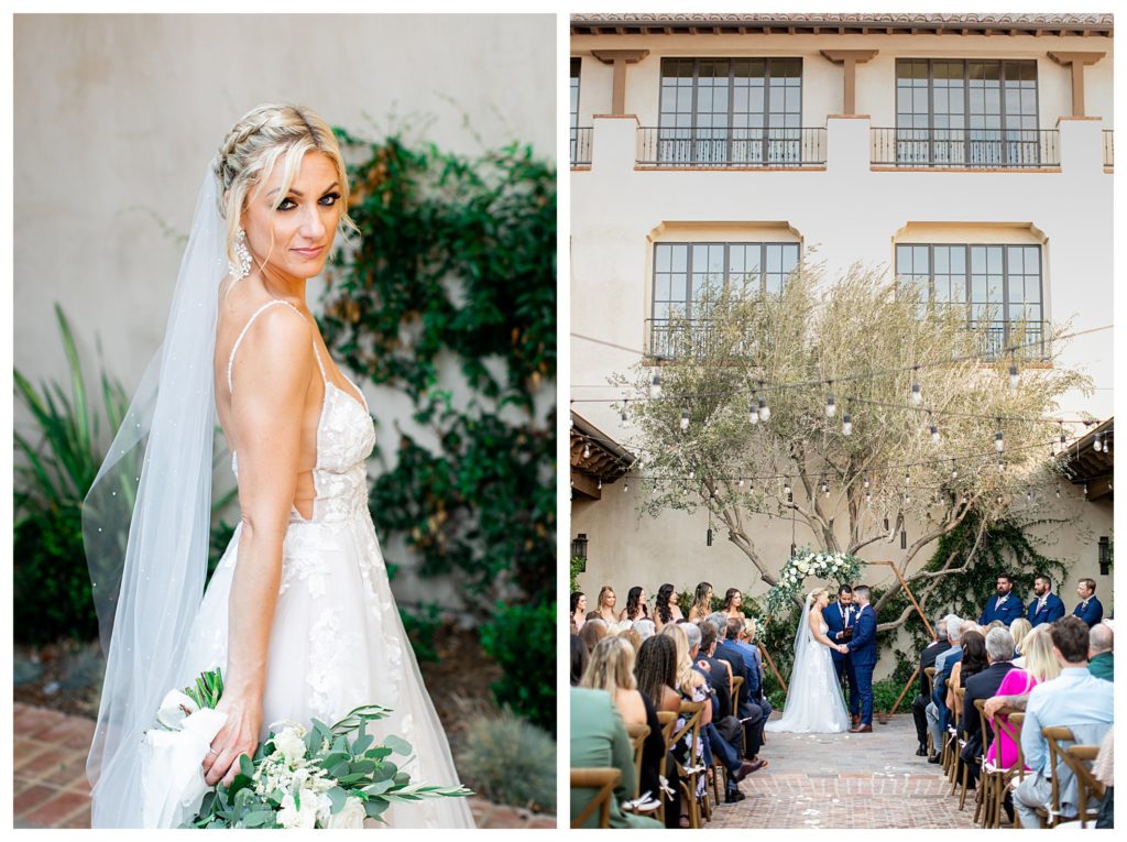 bride with bouquet and olive grove altar