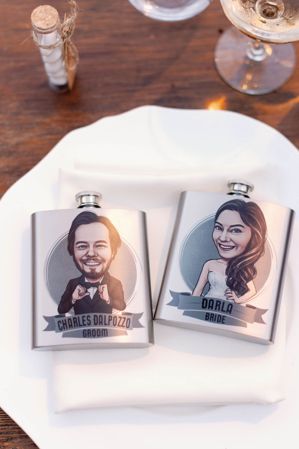 Bride and Groom personalized matching flasks with photo at Mission Santa Barbara wedding | Photo by Sarah Block Photography