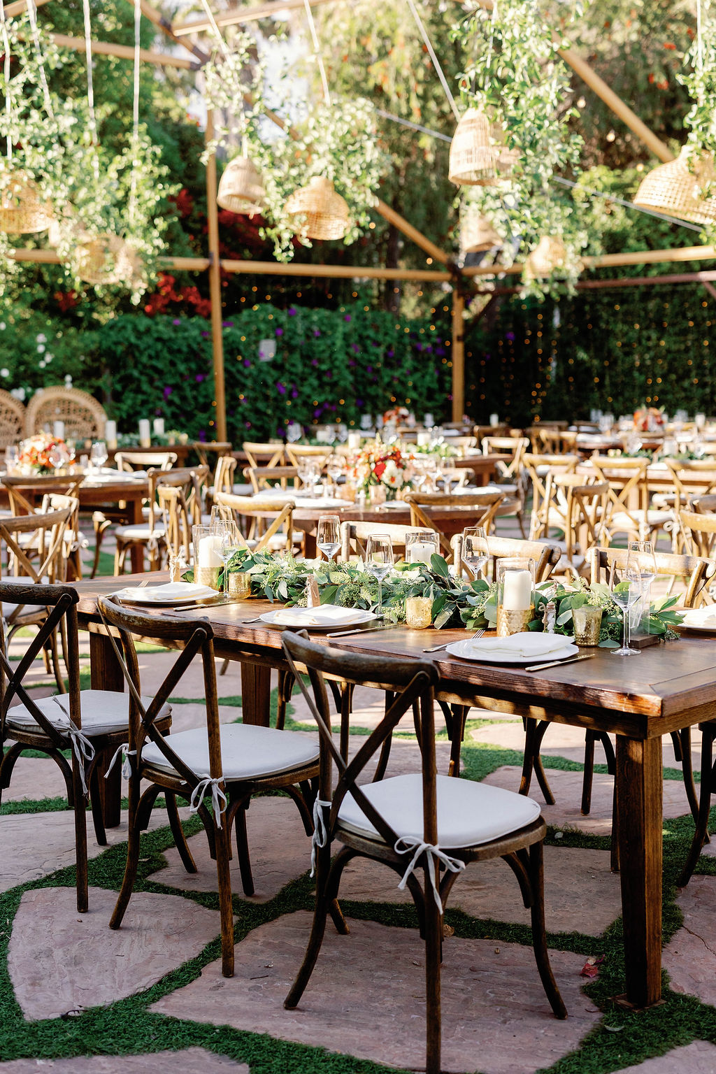 Dinner tables at the reception at Mission Santa Barbara wedding | Photo by Sarah Block Photography