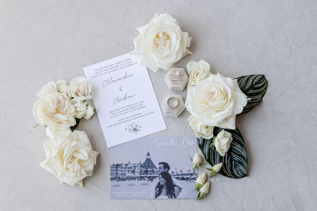 Wedding Flat lay of Invitation, save the date and wedding rings. White roses surround these details photo by Sarah Block Photography.