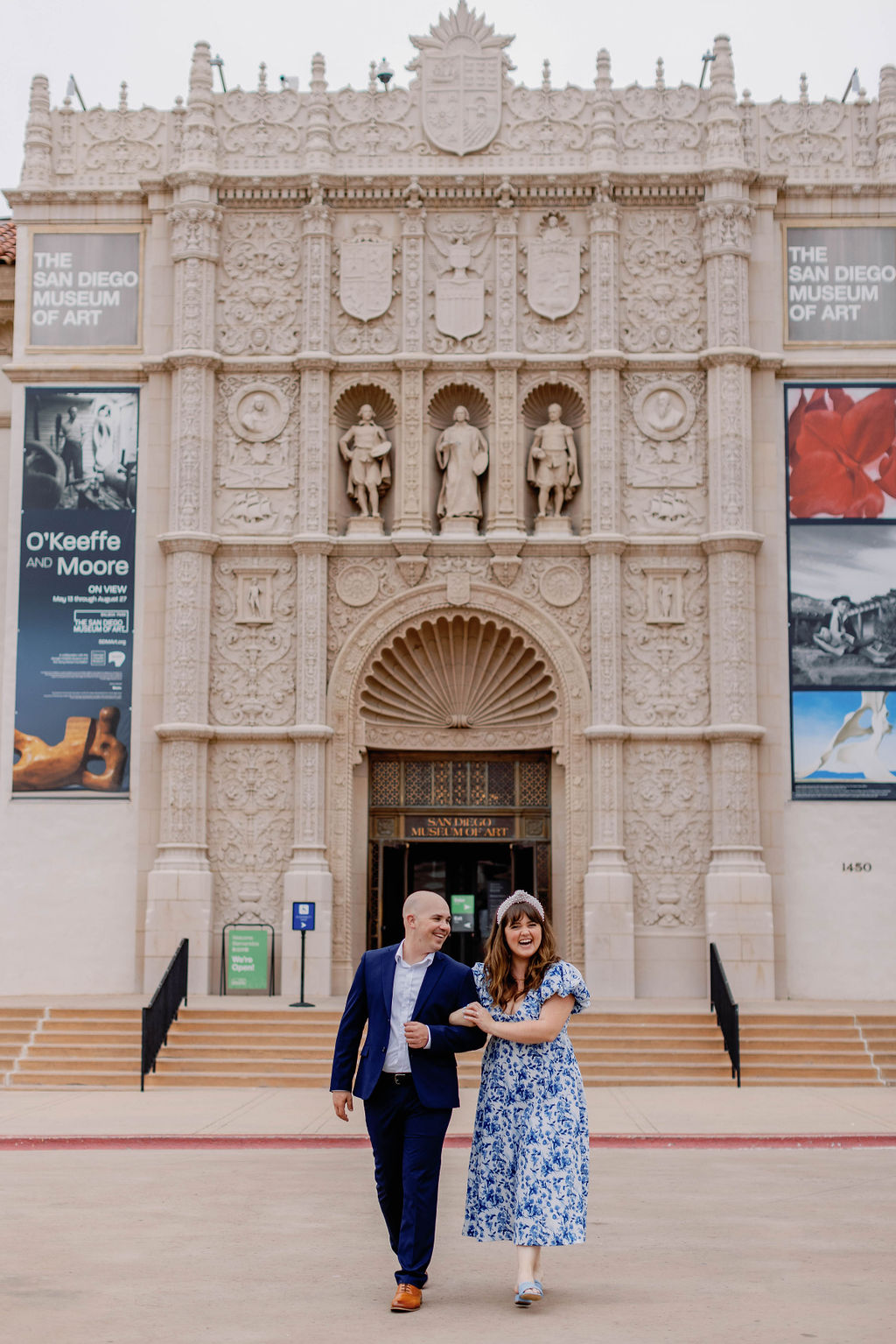 Engagement photo of Jimmy and Hannah  outside the front of the San Diego Museum of art. |Photo by California Photographer Sarah Block Photography