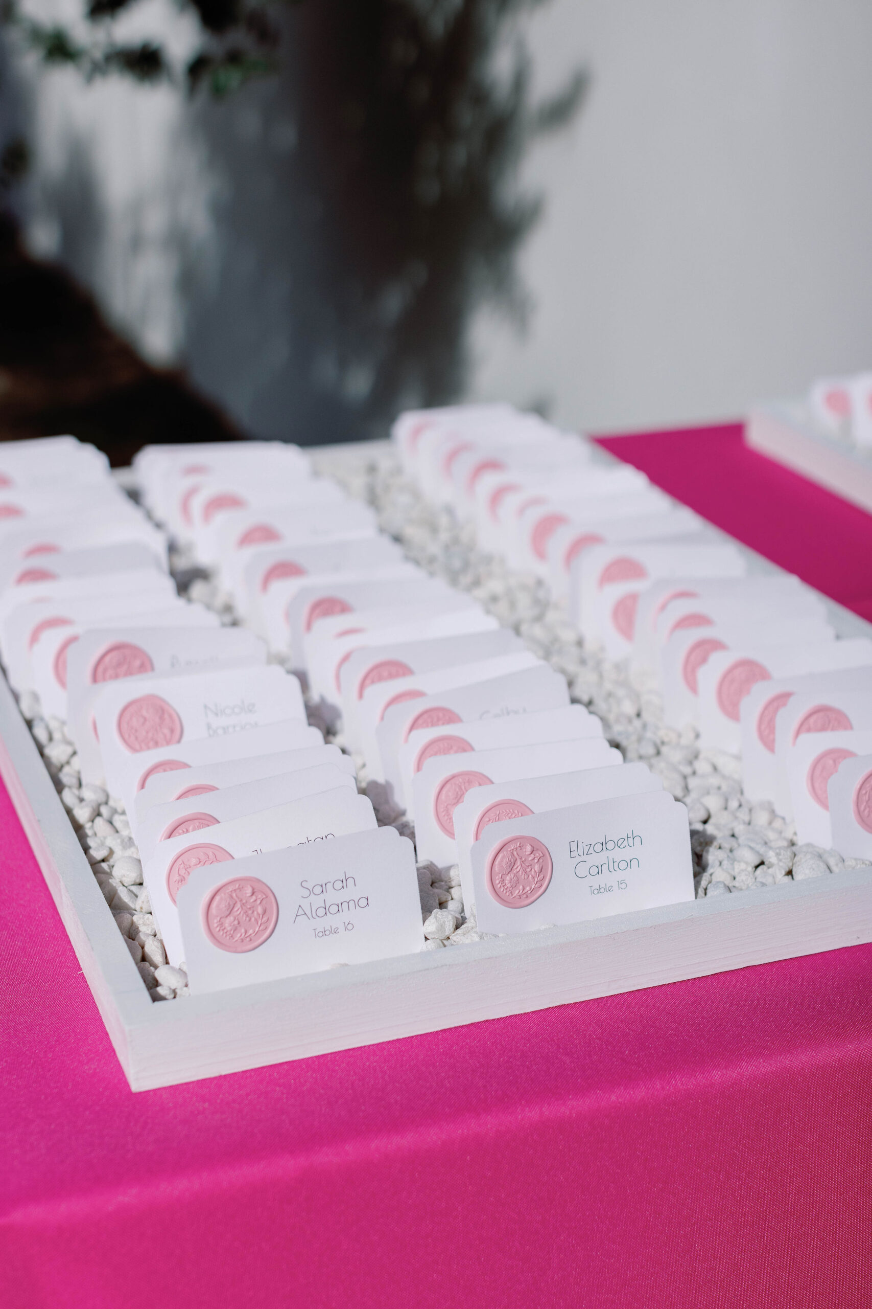Pink and White Escort Card table at Grand lady wedding in Austin Texas. | Photo by Sarah Block Photography